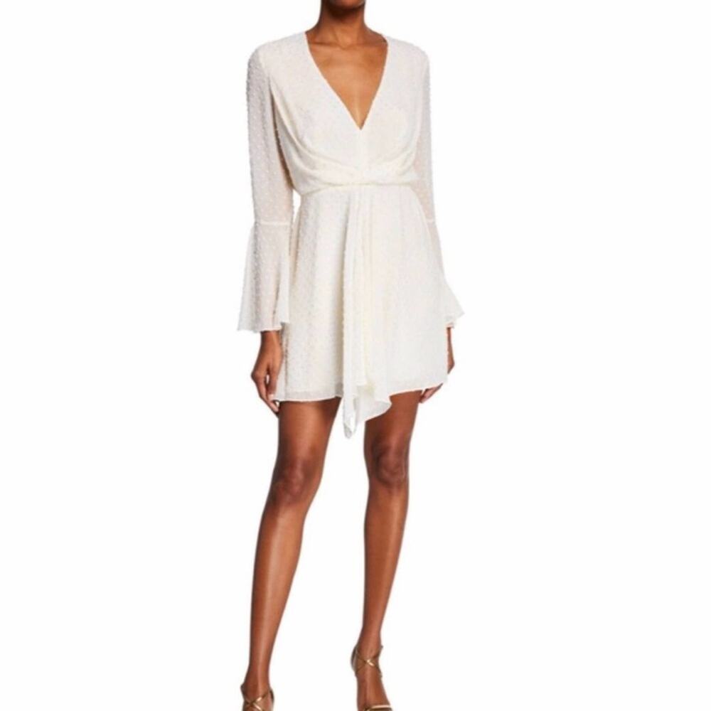 Jay Godfrey Ivory Gold Swiss Dot Faux Wrap Bell Sleeve Mini Dress Sz 4 Cocktail